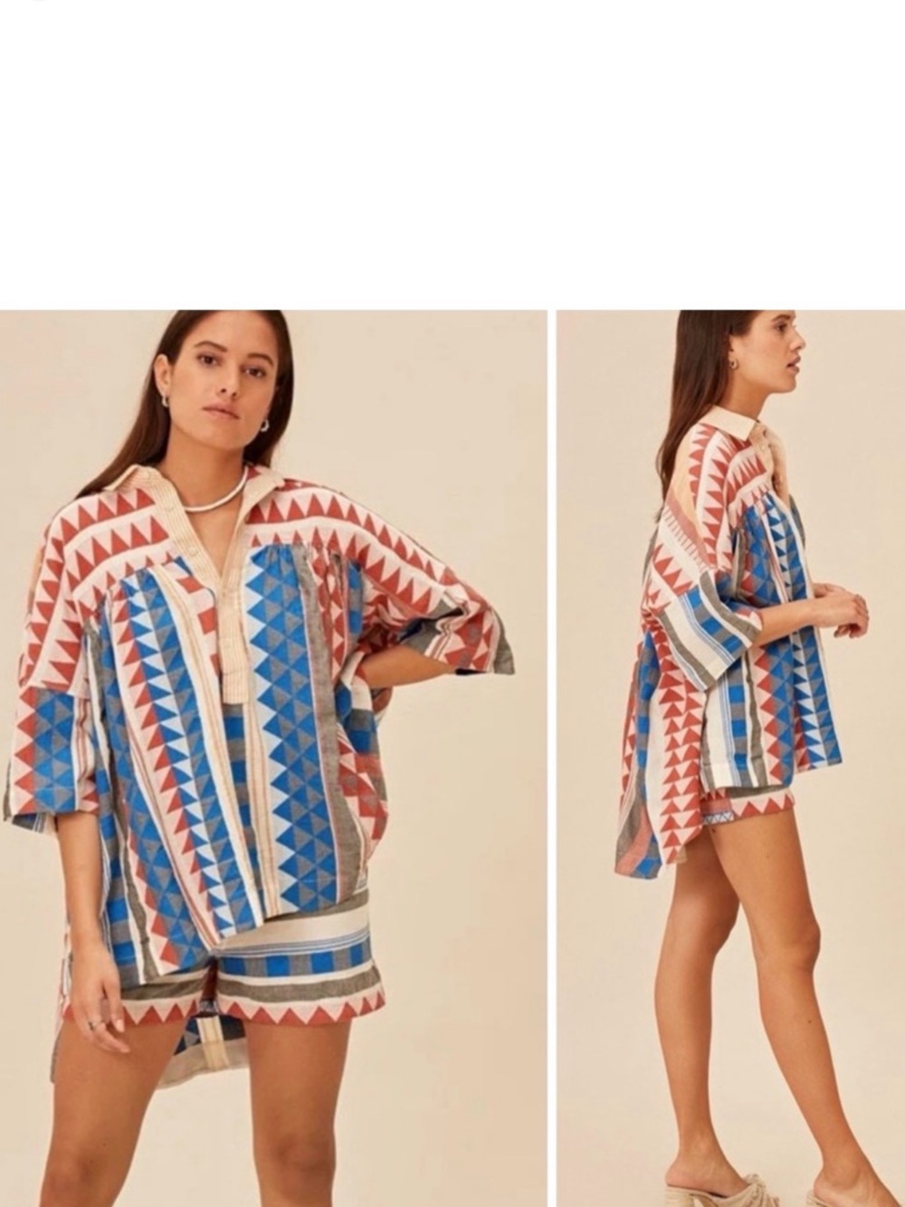 DEVOTON TWINS 100% Cotton Flowy Button Down Top Short Sleeve Red Blue Boho Shirt